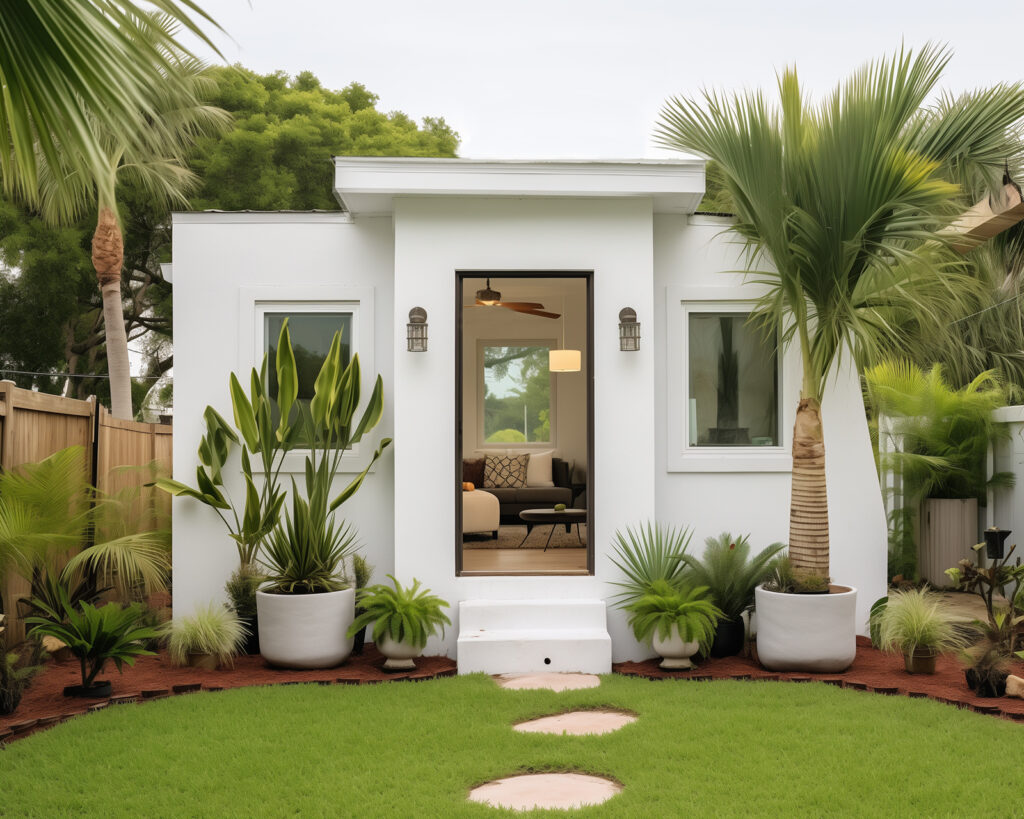 White minimalist stucco MyFlexPod ADU design for Flagler County homeowners, offering clean lines and flexible space.
