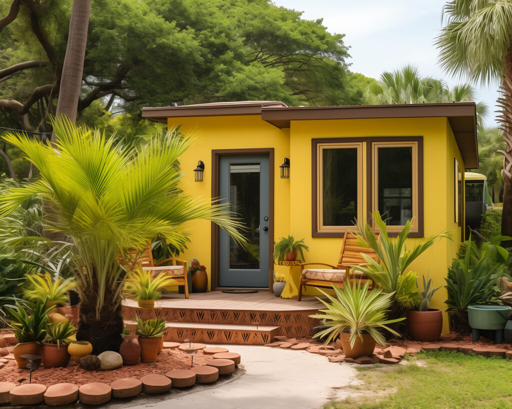Deep gold modern stucco MyFlexPod ADU design for Volusia County backyards, combining style and function.