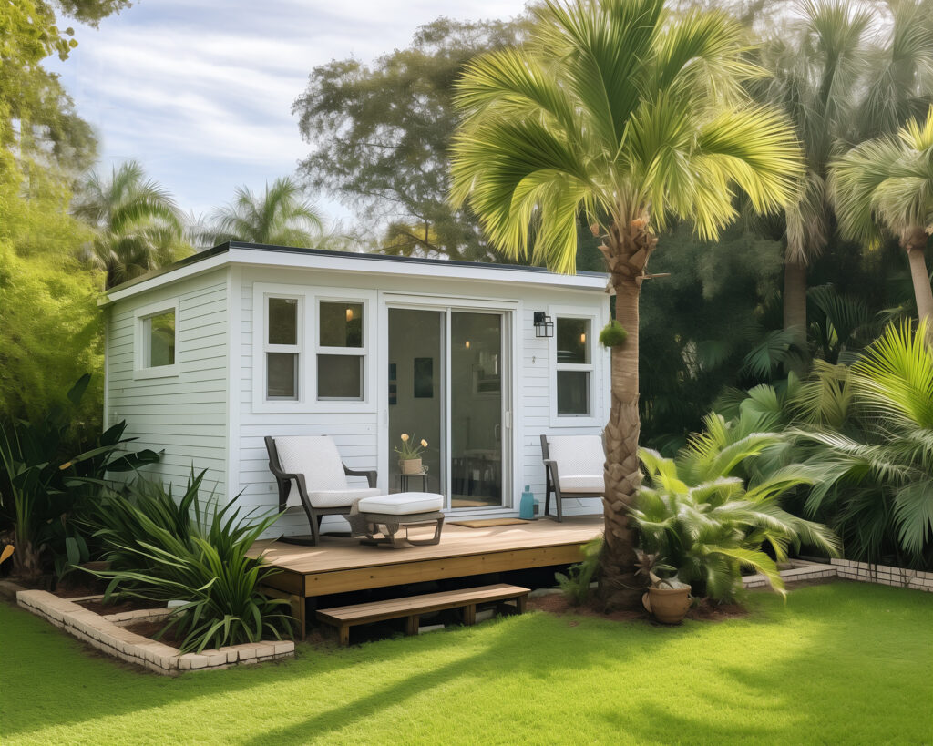 White clapboard MyFlexPod backyard cottage / ADU design for Volusia County backyards, offering simple, versatile living space.